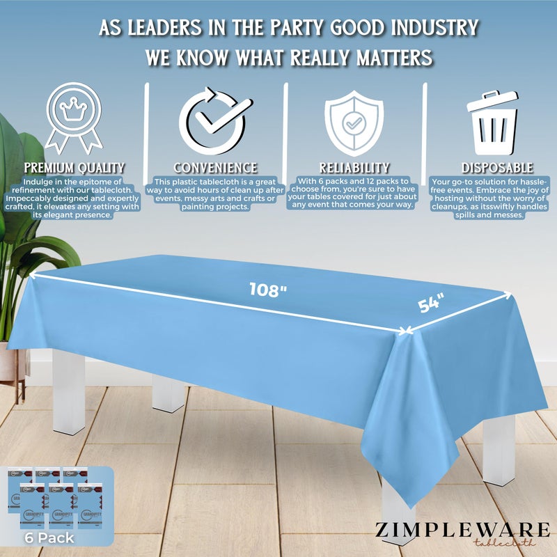 ZIMPLEWARE Premium Sky Blue Plastic Table Cloth Disposable (6 Pk) Plastic Tablecloths for Rectangle Tables (54in x 108in) Party Table Cloths Disposable for 6ft to 8ft Rectangle Tables - Image 3
